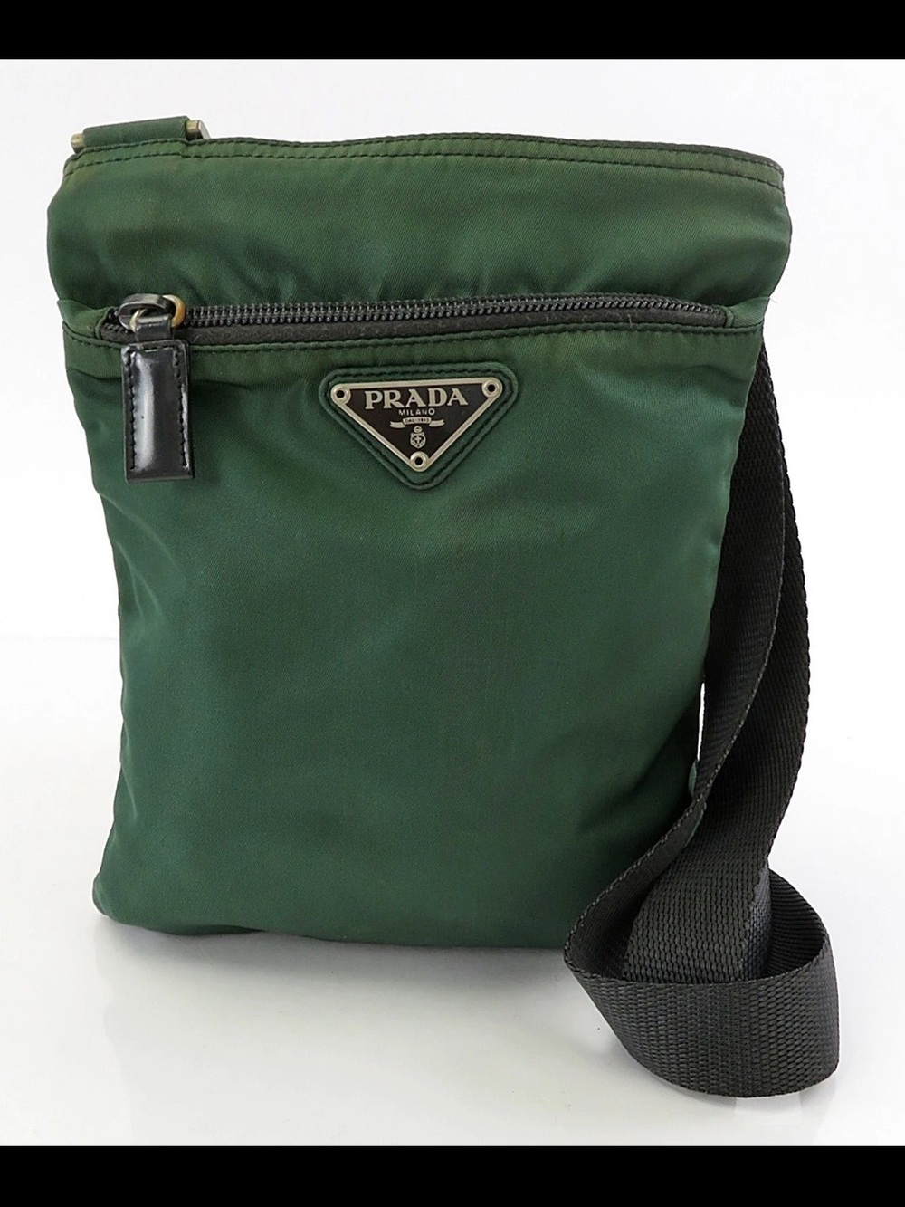 Prada Dark Green Nylon Messenger Bag with Black Strap
